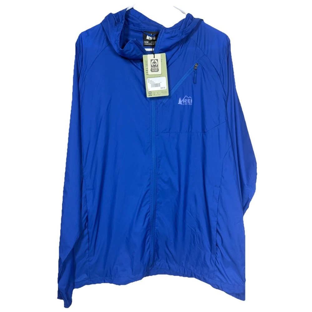 REI‎ Co-op Flash Jacket Men's Large Halcyon Blue Hooded Packable Windbreaker NWT